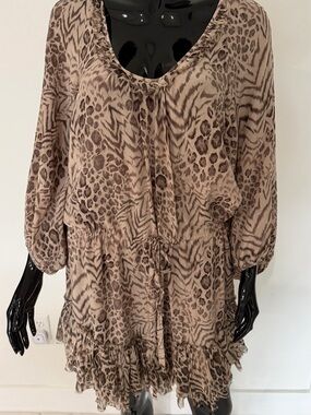 Rebecca Taylor 100% Silk Animal Print Leopard Zebra Ruffle Dress